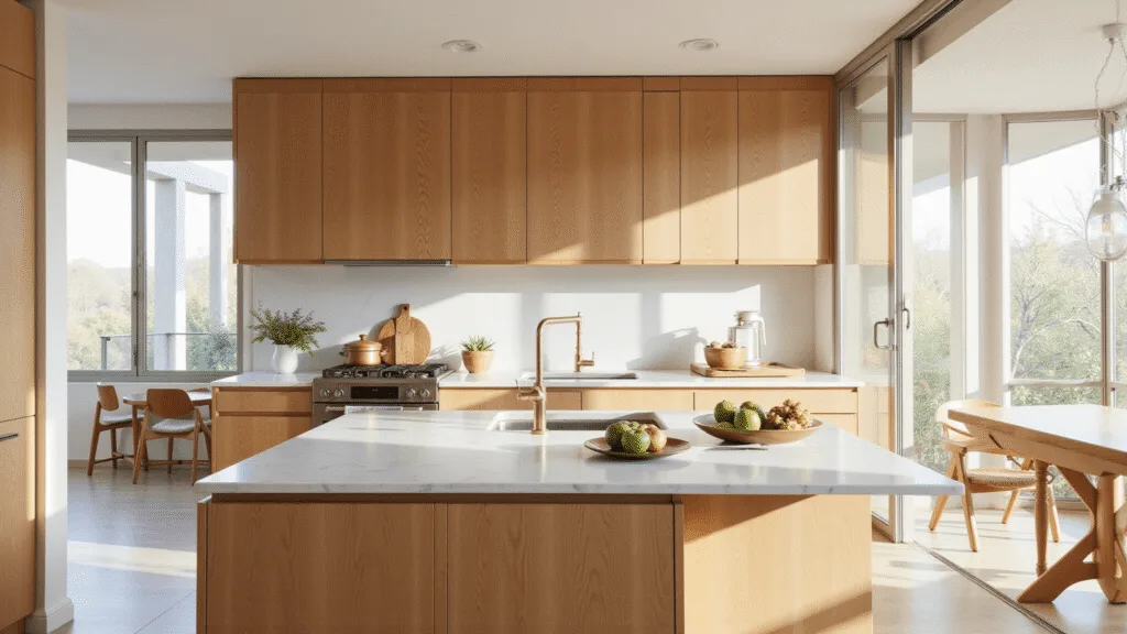 "Sunlit modern kitchen with natural wood cabinets, marble countertops and minimalist styling"