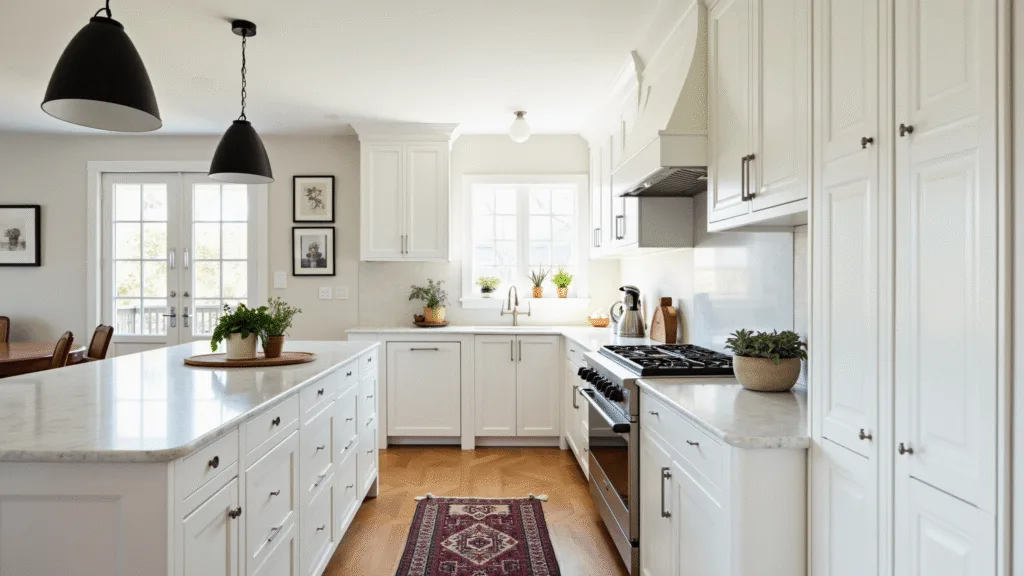 "White Shaker cabinets in a bright, modern kitchen with marble countertops, oak floors, black pendant lights, fresh potted herbs, and a vintage rug"