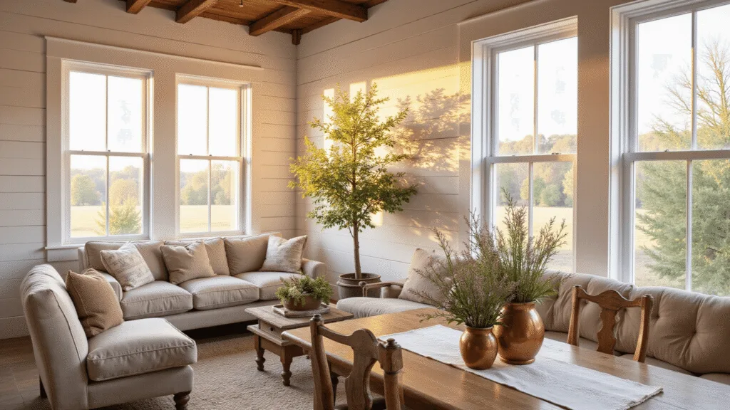 "Cozy farmhouse interior with white shiplap walls, vintage decor, and golden sunlight streaming in from the windows"