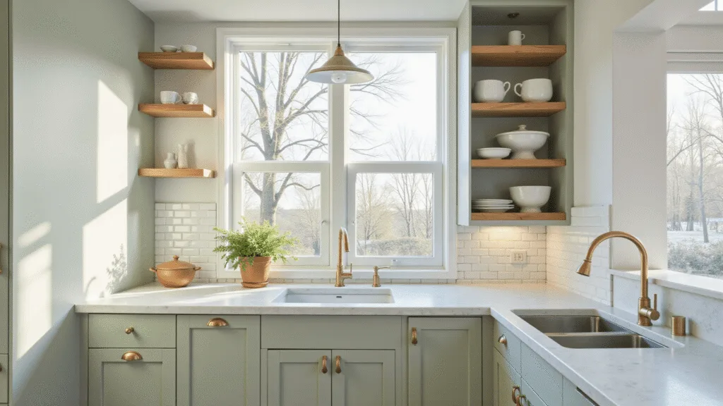 "Modern kitchen interior with sage green cabinets, marble countertops, brass hardware, and ceramic pottery on open shelving, bathed in morning sunlight."