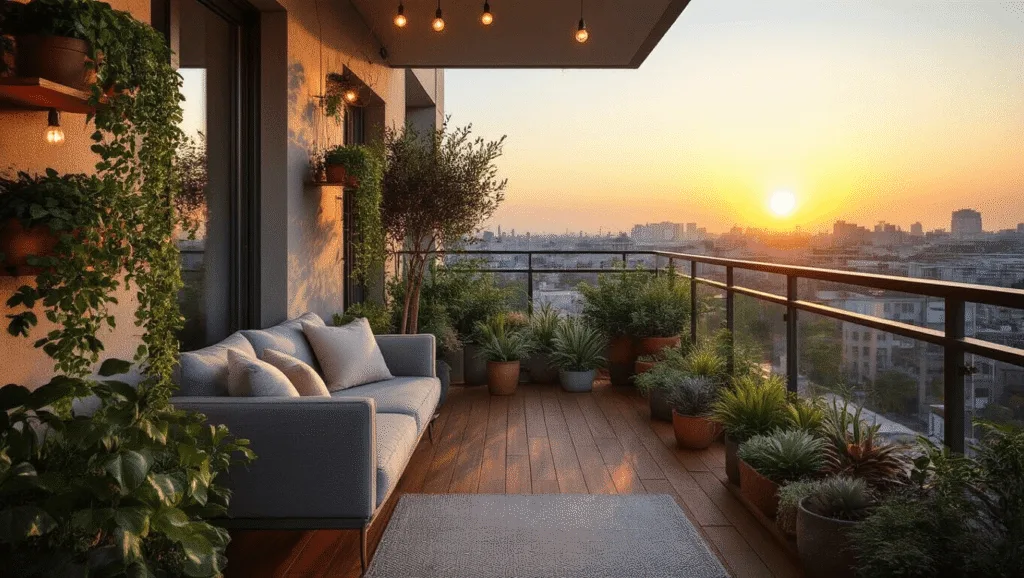 "Cozy urban balcony with grey loveseat, potted olive trees, succulents on copper shelves, string lights, and sunset view reflected on glass railing"