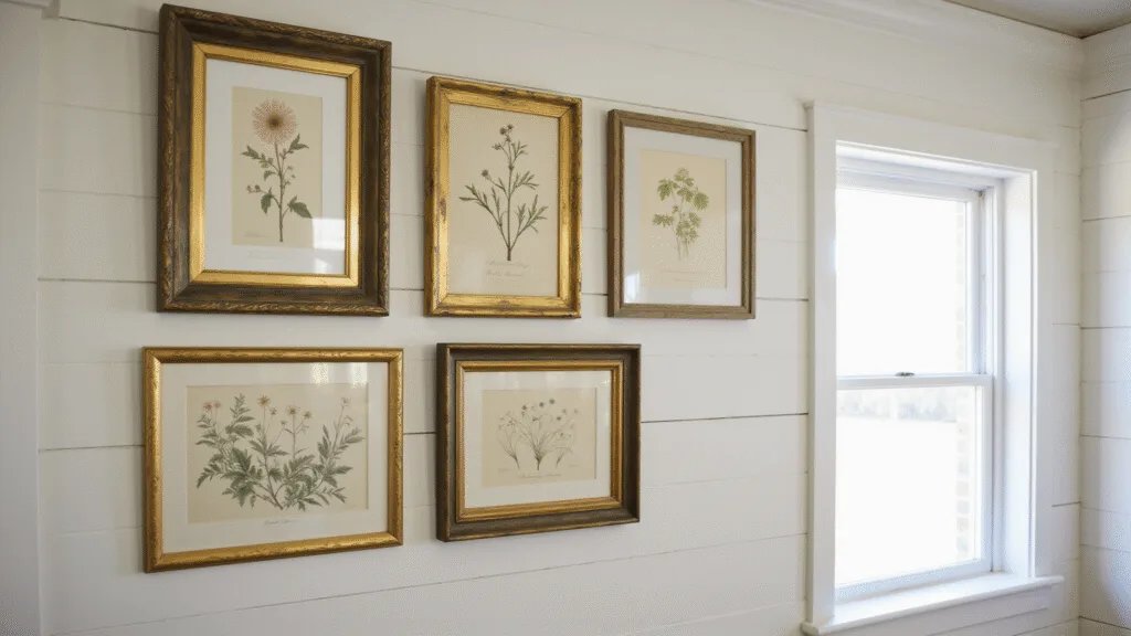 "Vintage botanical prints in brass frames on a white shiplap farmhouse wall bathed in warm sunlight"