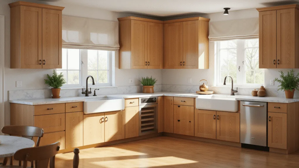 "Modern farmhouse kitchen with honey-stained oak cabinets, marble-topped island, and vintage copper kettle under warm morning sunlight"