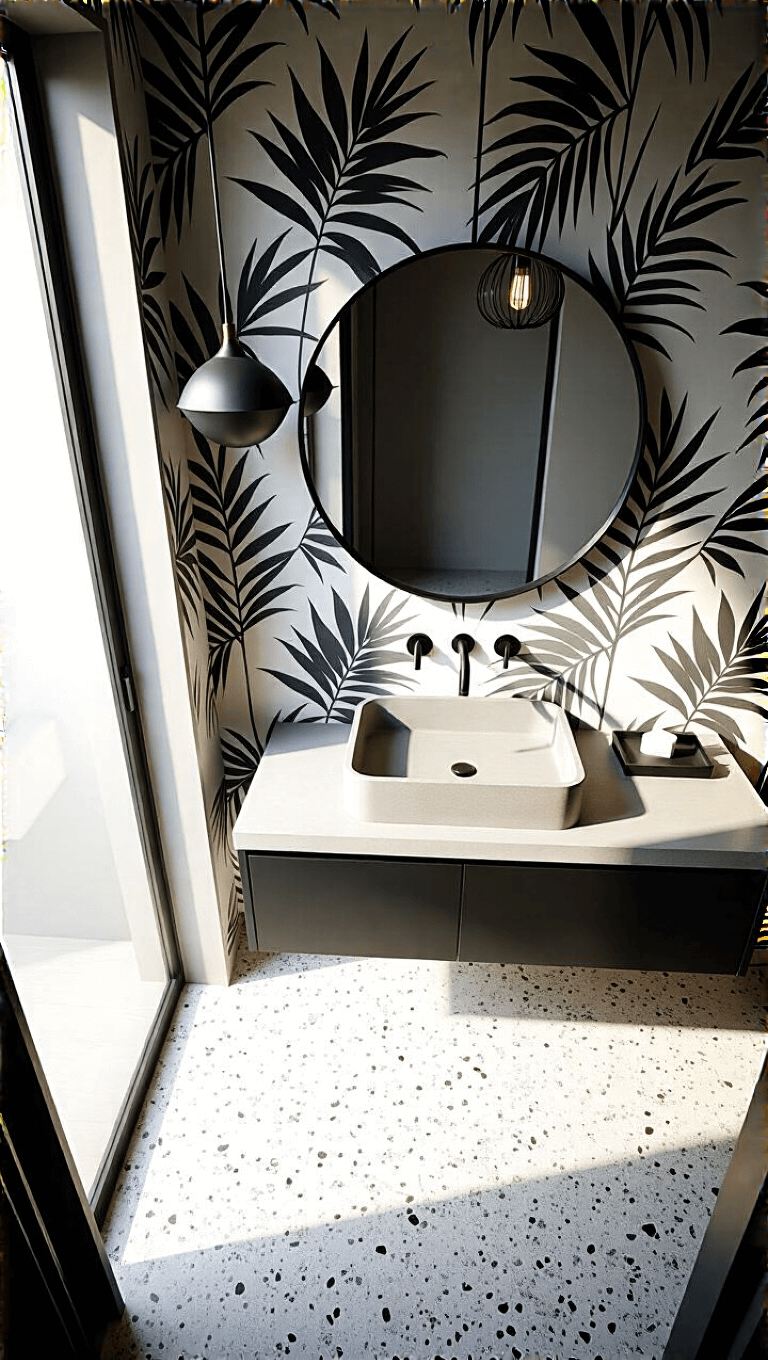 High-angle view of a small powder room with black and white palm leaf wallpaper, floating concrete vanity, minimalist round mirror, matte black fixtures, terrazzo floor tiles, and a pendant light casting geometric shadows.