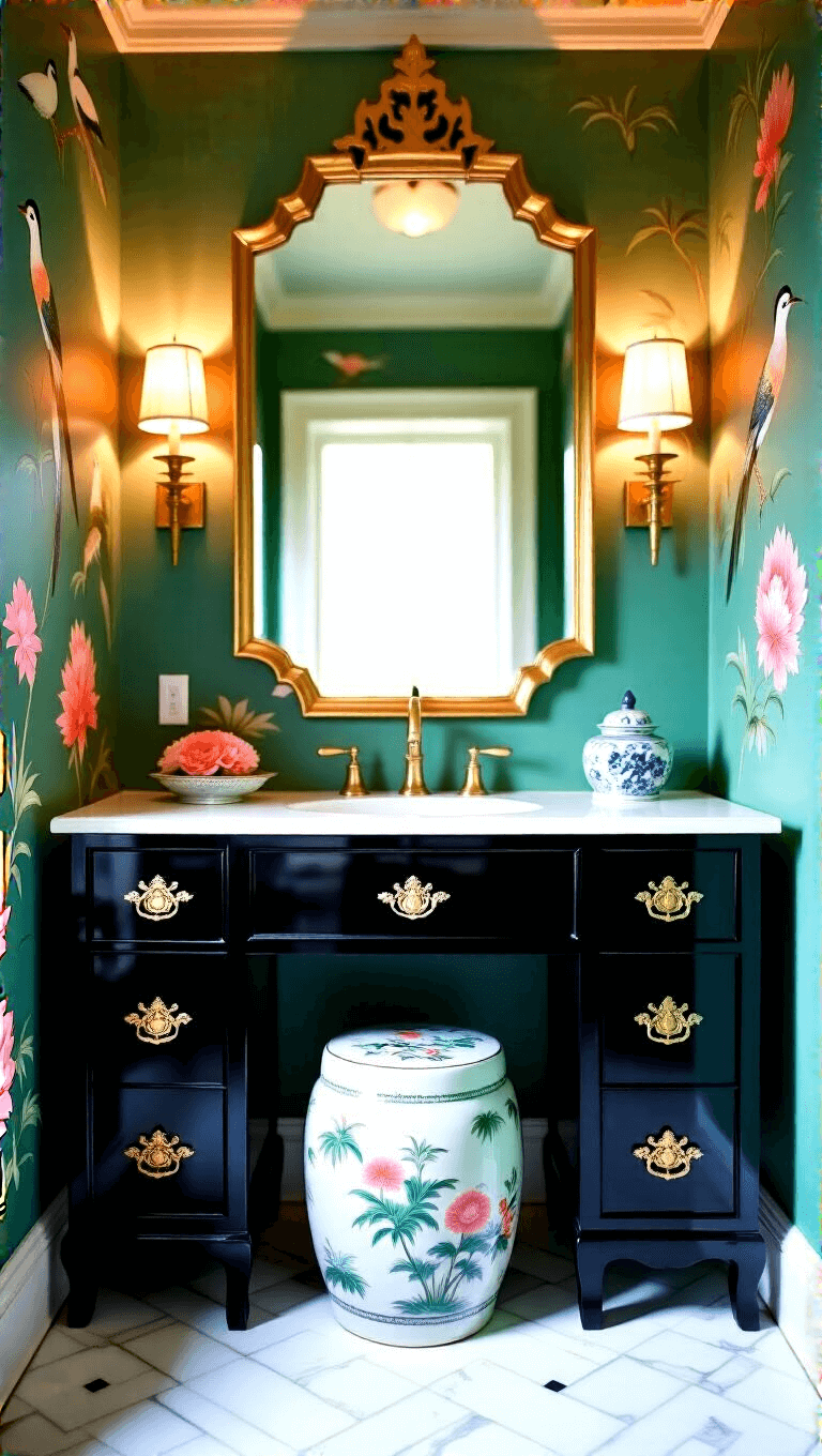 Diagonal view of a chic, chinoiserie-themed powder room with hand-painted bird and blossom wallpaper in jade and coral, black lacquer vanity, gold pagoda-style mirror, porcelain garden stool, marble basketweave floor, and soft silk-shaded sconces.