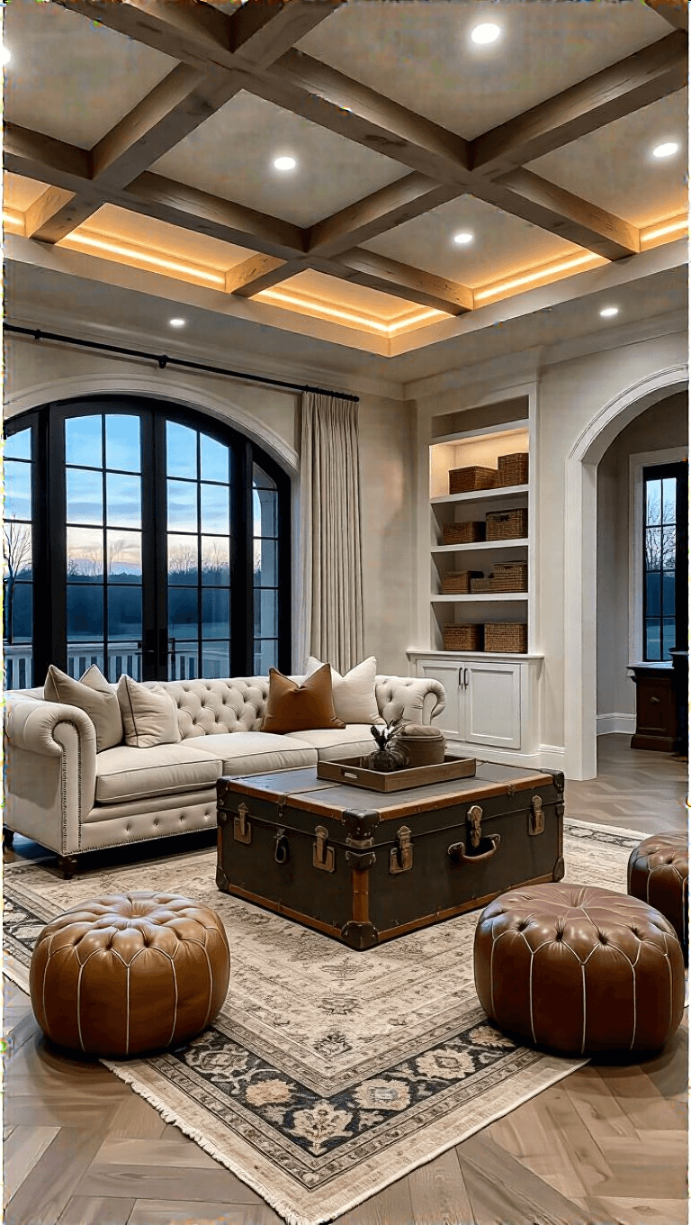 Modern farmhouse parlor at dusk with tufted sofa, vintage trunk coffee table, built-in wall furnishings, arched doorways and herringbone wood floors; highlighted by greige, ivory, saddle brown, dark bronze colors and mixed ambient lighting shot on Nikon Z7.