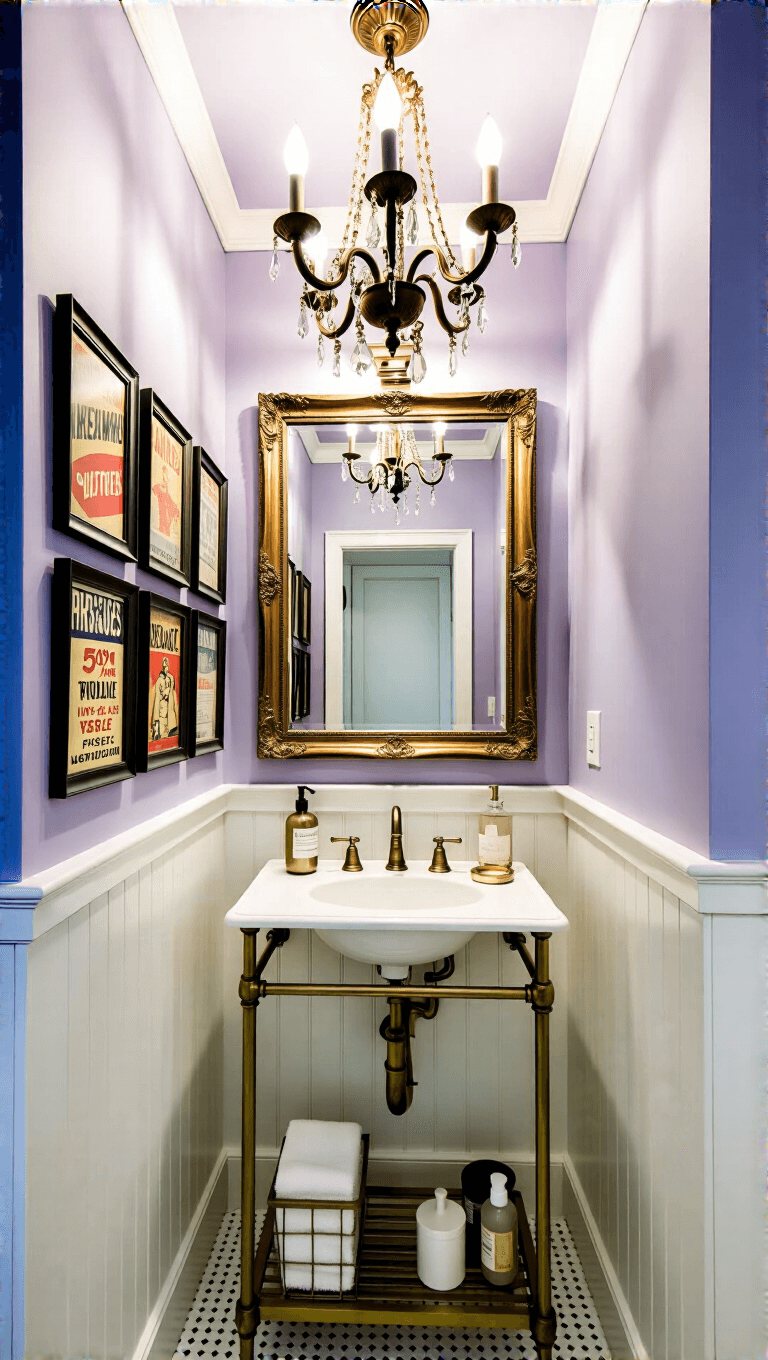 Lavender bathroom with antique chandelier lighting, oversized gilt mirror, and vintage advertisement frames, featuring a pedestal sink with brass shelf holding toiletries.