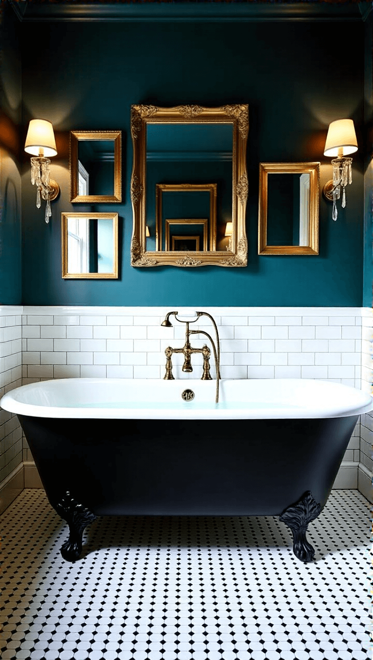 Luxurious twilight bathroom with a black claw-foot tub, white penny tile floor, dark teal walls with gold-framed mirrors, and atmospheric mood lighting from crystal wall sconces.