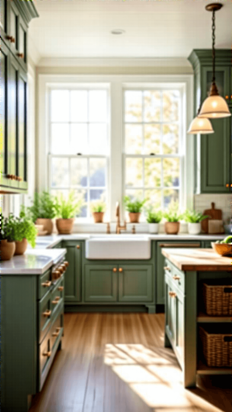 Sunny, spacious kitchen with sage green cabinets, white quartz countertops, a large island with butcher block top, and natural decor elements, featuring warm wood tones and cream walls.