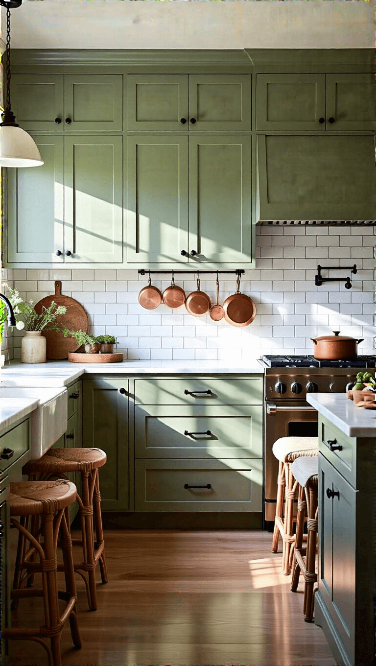 Intimate kitchen bathed in golden hour light, showcasing floor-to-ceiling sage green cabinets with black matte hardware, marble countertops, subway tile backsplash, vintage copper cookware, and a small breakfast nook with rattan bar stools.