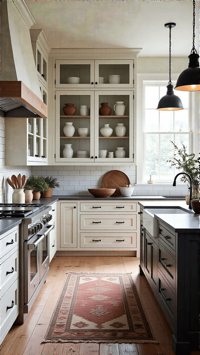 Modern farmhouse kitchen with floral-painted cabinets, glass-front units displaying white ceramics, dark soapstone counters, oak flooring, open shelves with pottery and dried herbs, vintage runner, and industrial pendant lights, illuminated by natural afternoon light and supplemental fill lights.