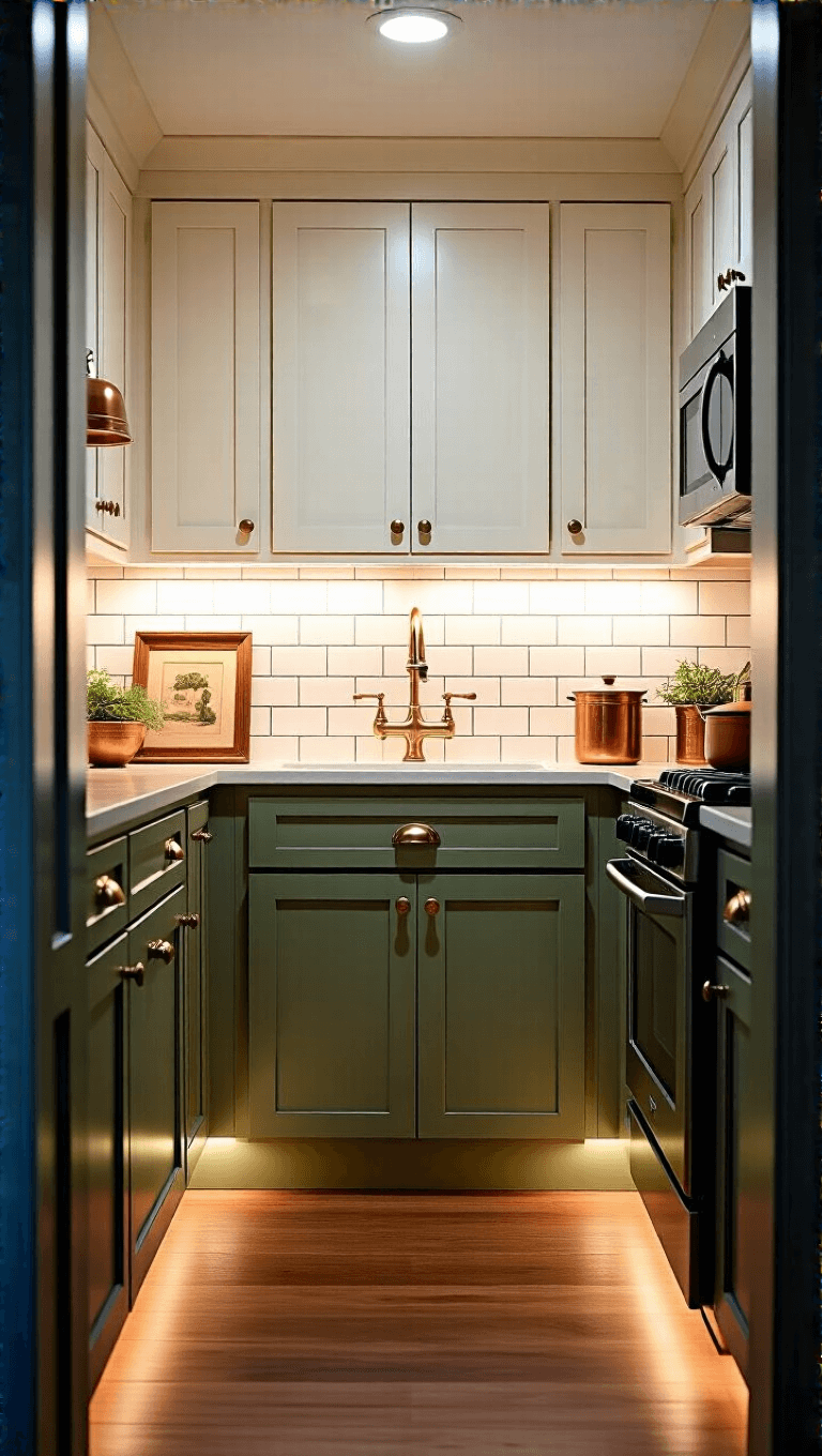 Galley kitchen with sage green and white cabinets, illuminated by under-cabinet lights and brass fixtures against a cream ceramic backsplash, adorned with vintage artwork and copper accents, under a moody dusk lighting.