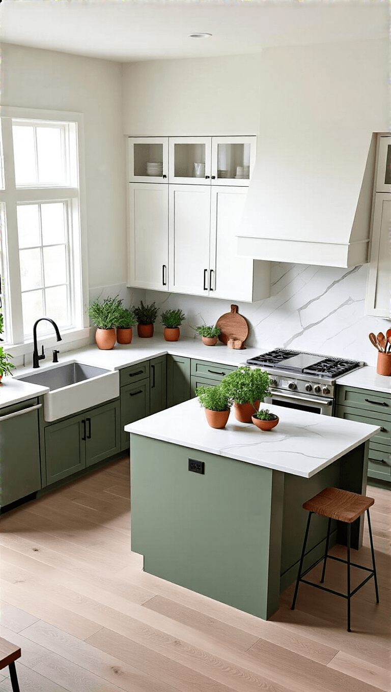 Spacious contemporary two-tone kitchen with sage green island, white cabinetry, quartz countertops, and living herbs in terracotta pots, shot in mid-morning light from a 45-degree angle