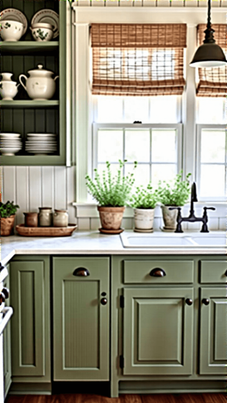 Cottage-style kitchen with sage green cabinets, vintage glass knobs, ironstone displays, botanical prints, and window box herbs, captured from a standing height.