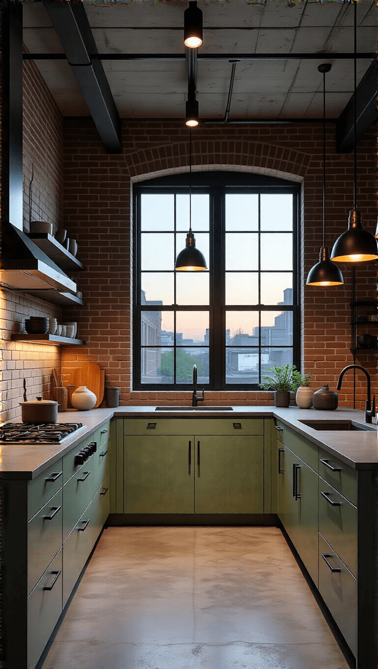Industrial-modern kitchen at twilight featuring sleek sage green cabinets, exposed brick walls, concrete countertops, black steel-framed windows, pendant lights, minimalist ceramics, and metallic accents; shot emphasizes geometric lines, texture, and contrasting materials.