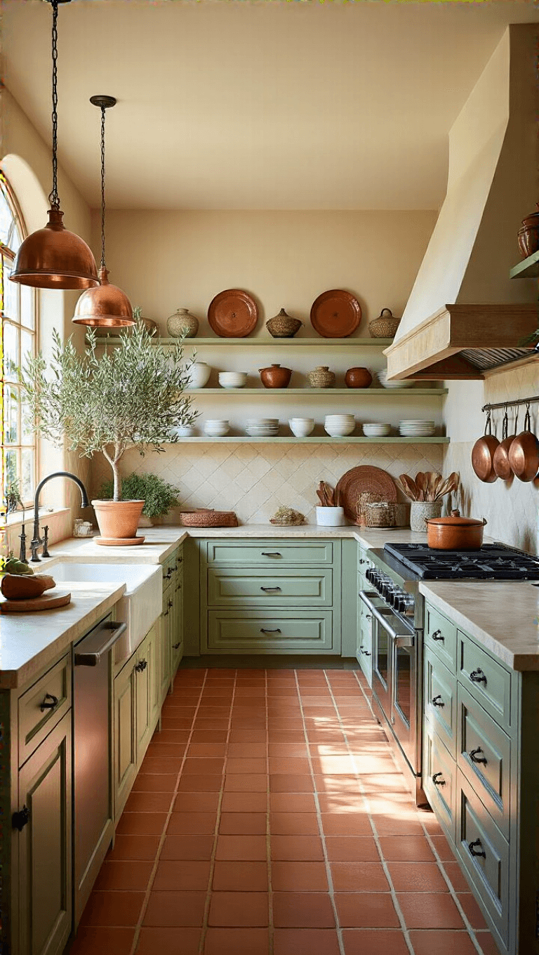 Sunny Mediterranean-inspired kitchen with sage green carved cabinets, terra cotta floors, cream stone counters, hanging copper pots, ceramic plates, and a potted olive tree, shot at a low angle to emphasize ceiling height and architectural details.