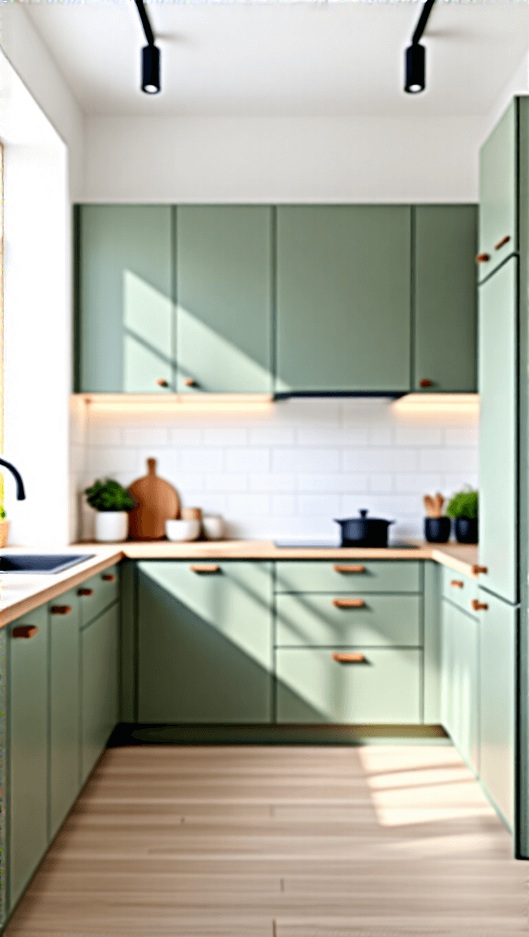 Scandinavian-minimal kitchen with sage green cabinets, pale wood floors, black accent lighting, and white walls in bright daylight