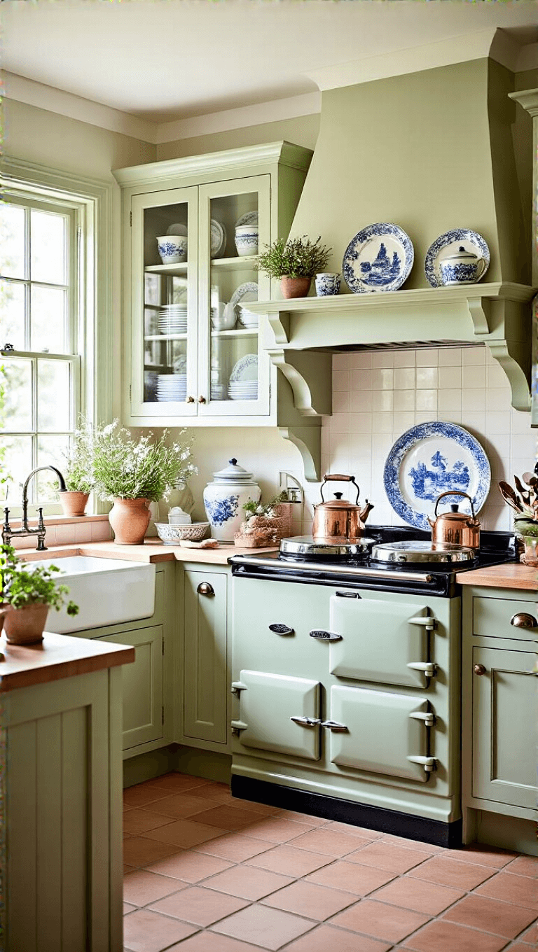 Traditional English country kitchen bathed in soft morning light, showcasing sage green cabinets, blue and white china, AGA range with a copper kettle, and fresh flowers and herbs in earthenware containers