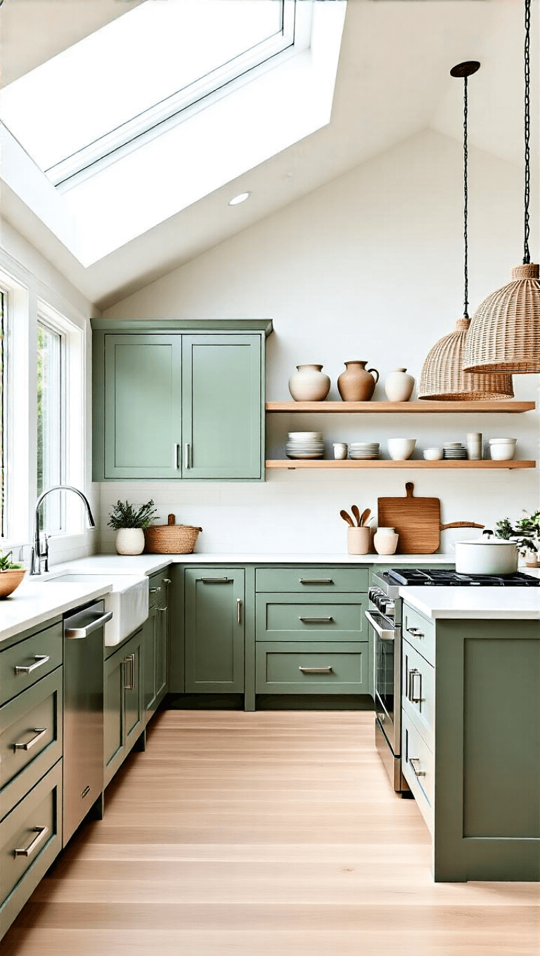 Elevated view of a modern coastal kitchen with sage green cabinets, white oak open shelves, rattan pendant lights and skylights providing natural lighting.