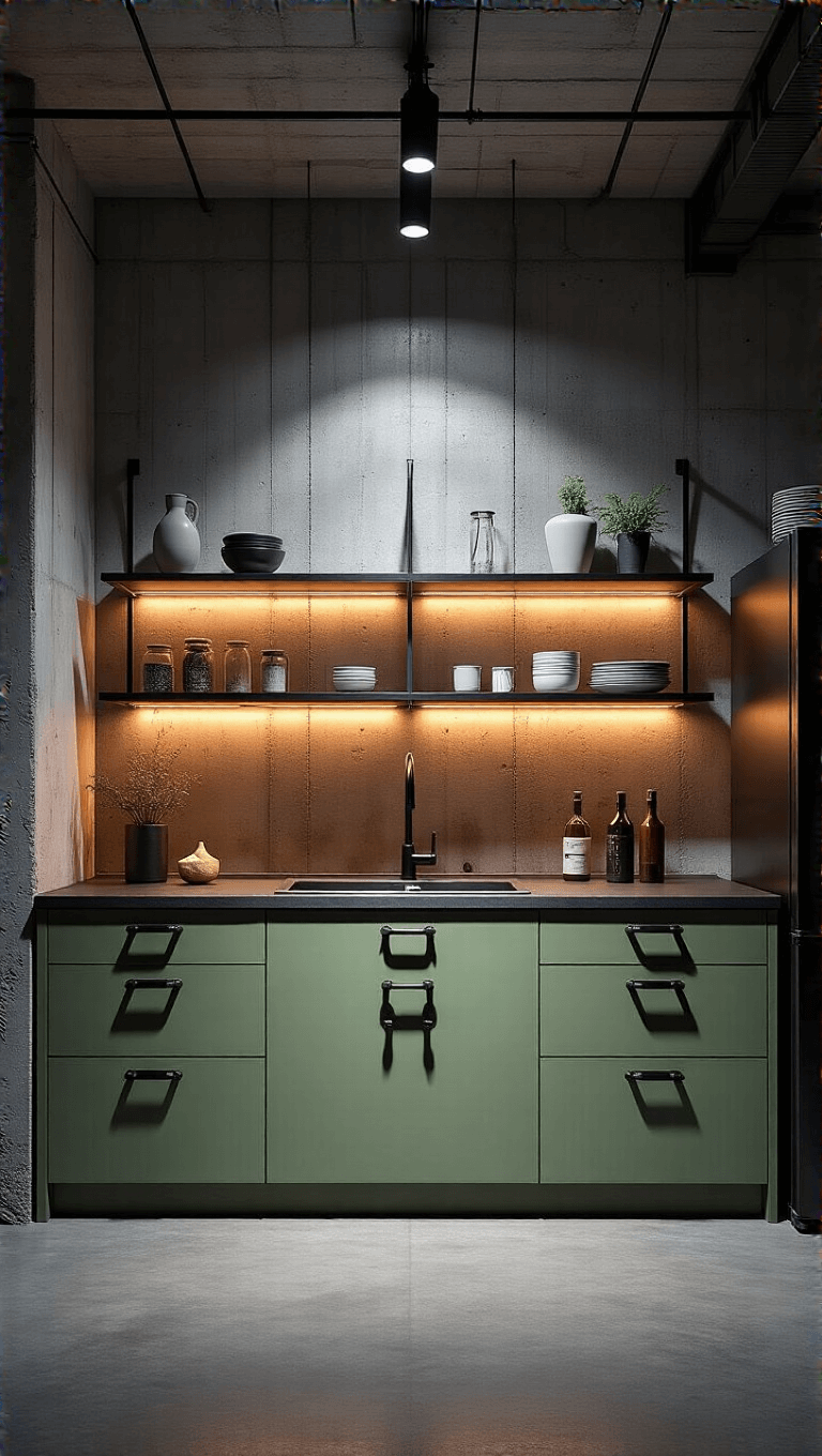 Industrial-style kitchen in urban loft at night with sage green cabinets, black hardware, exposed concrete walls, floating steel shelves with minimalist decor, and dramatic under-cabinet and spot lighting