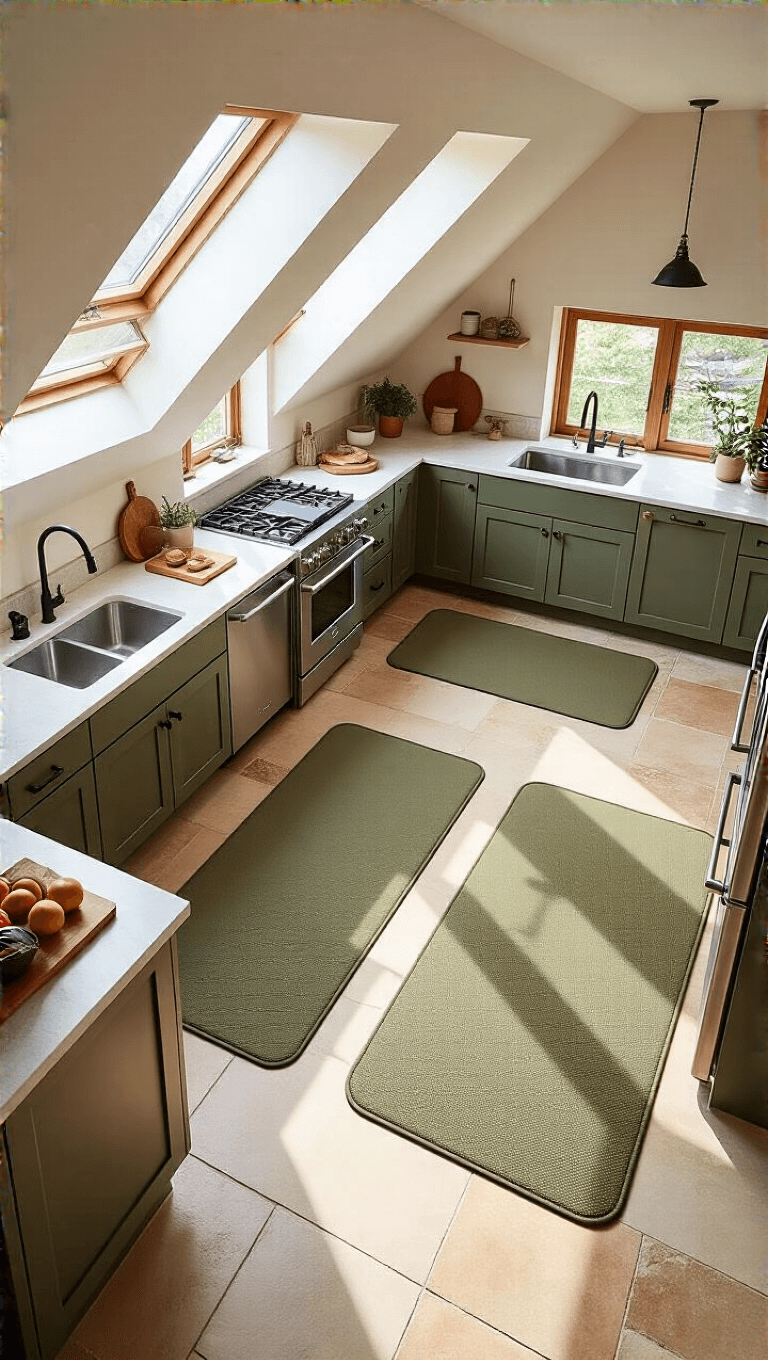 Overhead view of an open kitchen with sunlight through skylights, showing a large olive-toned area rug flanked by smaller anti-fatigue mats on limestone flooring.