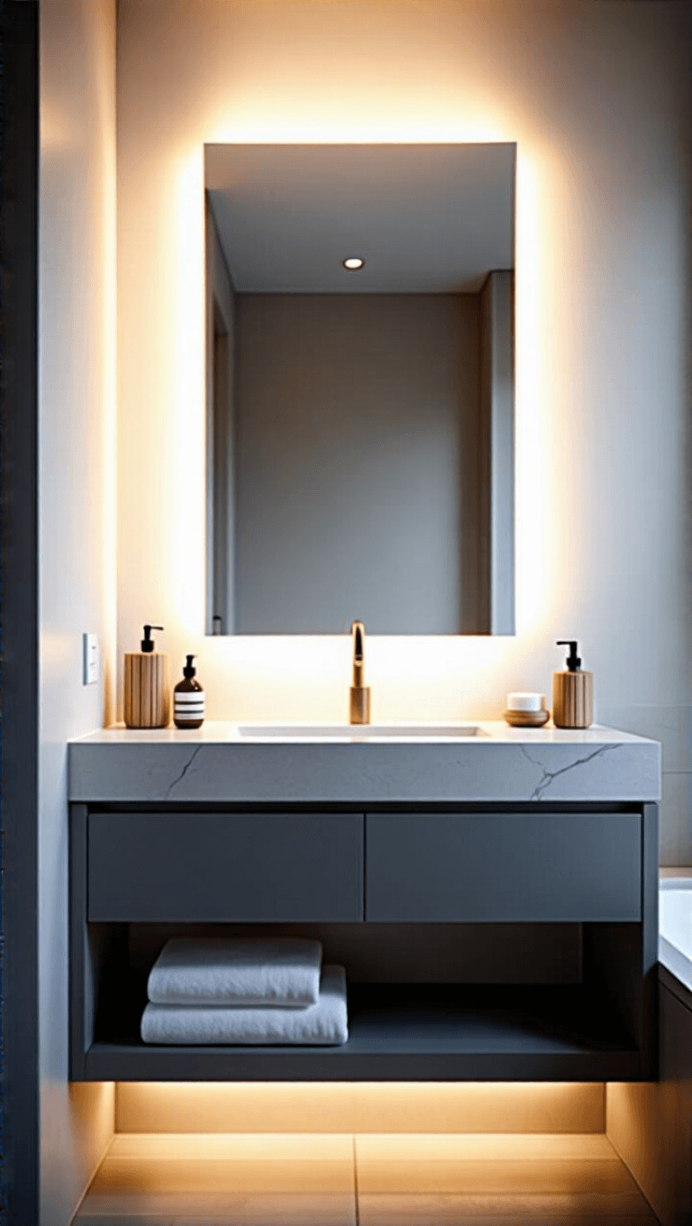 Modern spa-style bathroom with backlit mirror installation, dusk lighting through concealed LED strips, white walls, concrete-effect floor tiles, floating dove gray vanity with quartz countertop, matte gold fixtures, and bamboo accessories with Turkish cotton towels.