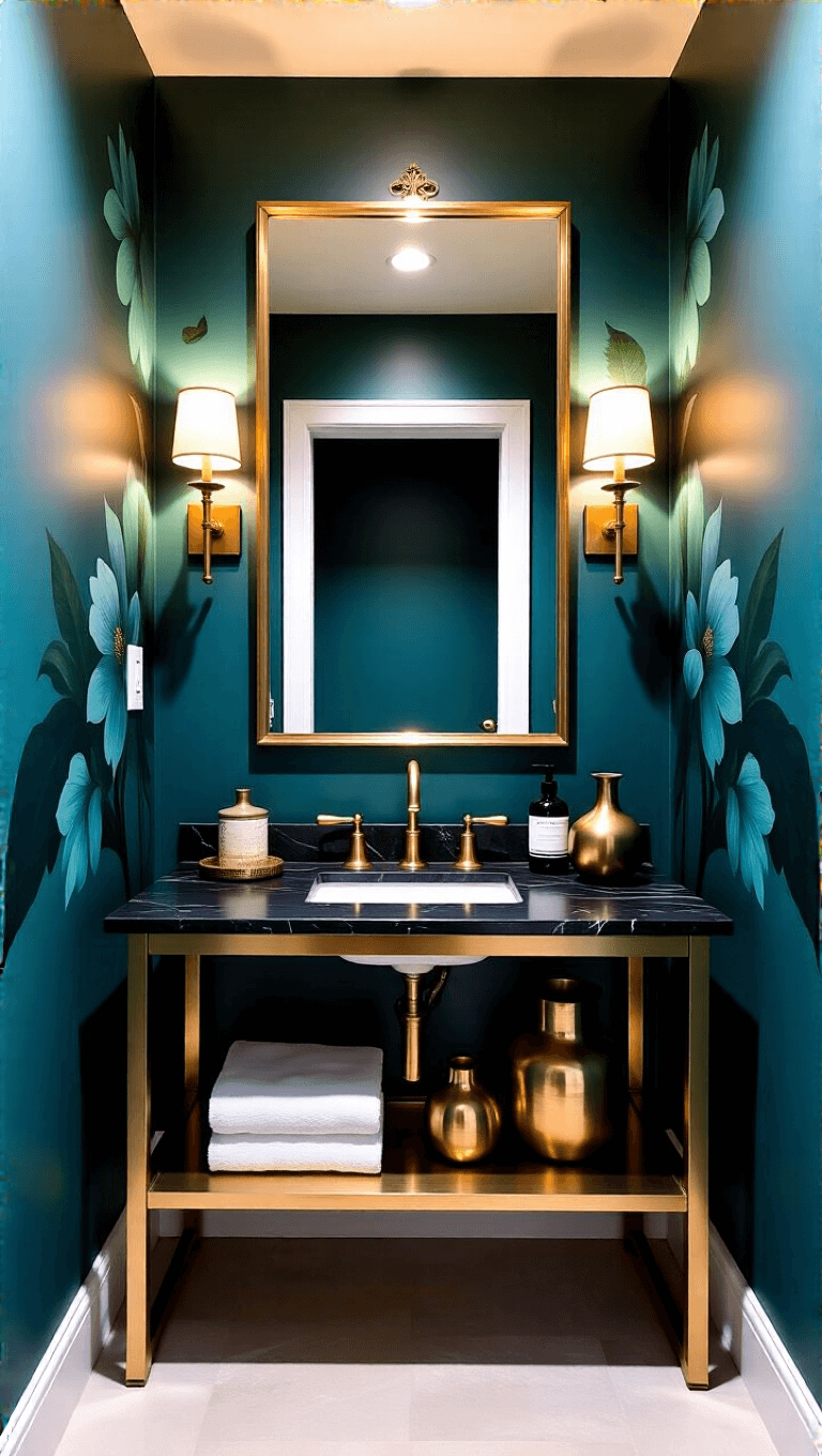 3993teal Floral Powder Room Brass Vanity