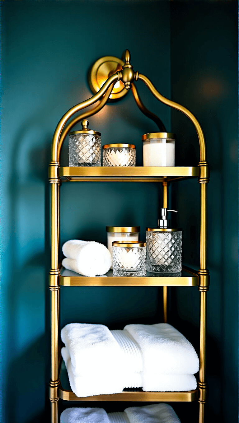 4029brass Etagere Teal Bathroom