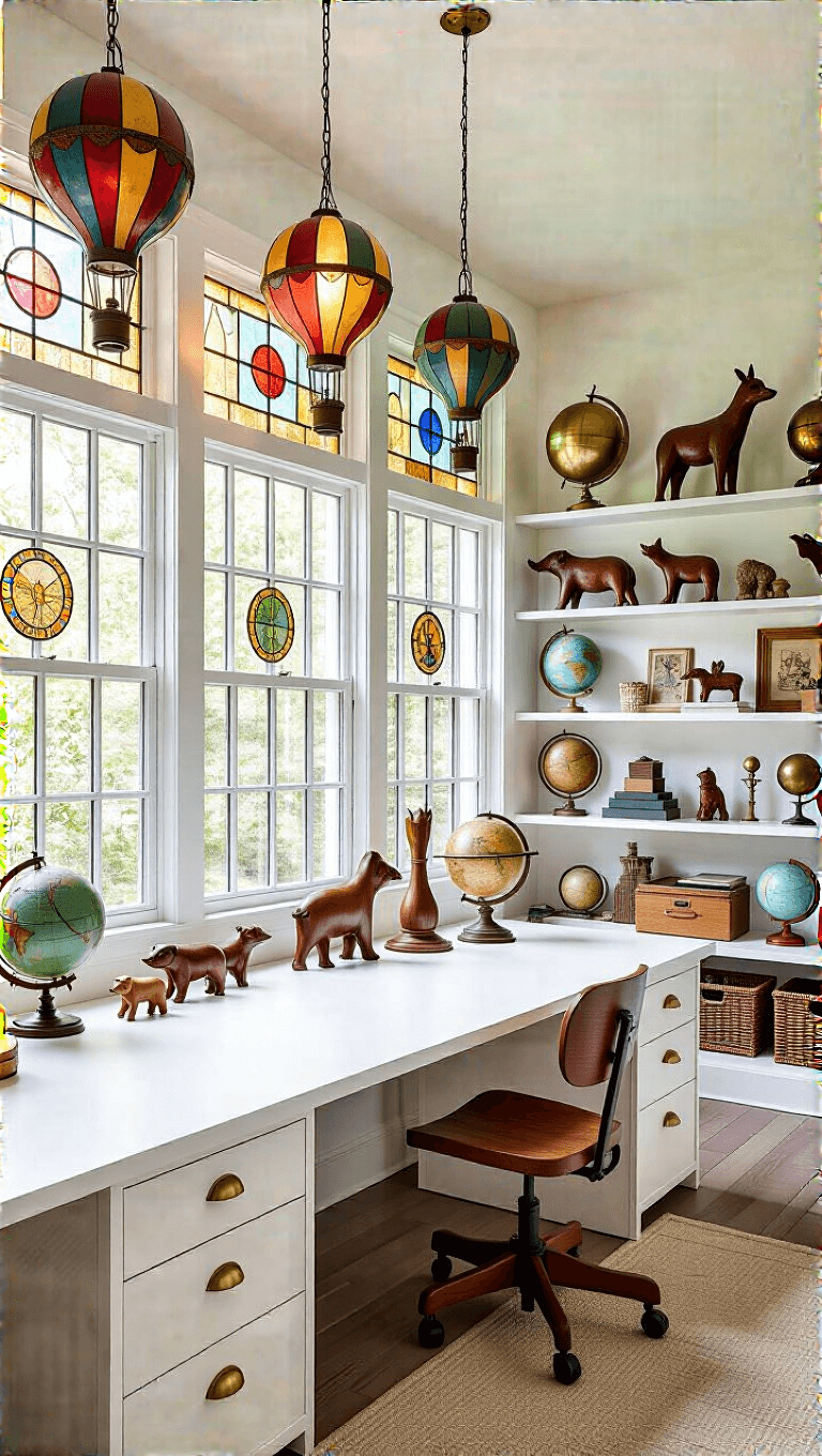 Bright and spacious craft room with floor-to-ceiling stained glass windows, custom shelving filled with vintage collections, balloon-shaped pendant lights, and walls showcasing whimsical artwork.