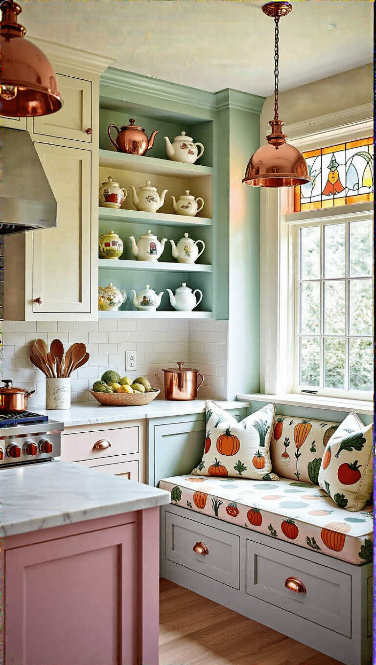 Modern kitchen with rainbow pastel cabinets, vintage teapot collection on open shelves, patina-finished copper fixtures, built-in breakfast nook with dancing vegetables fabric upholstery, lit by morning light through stained glass window.