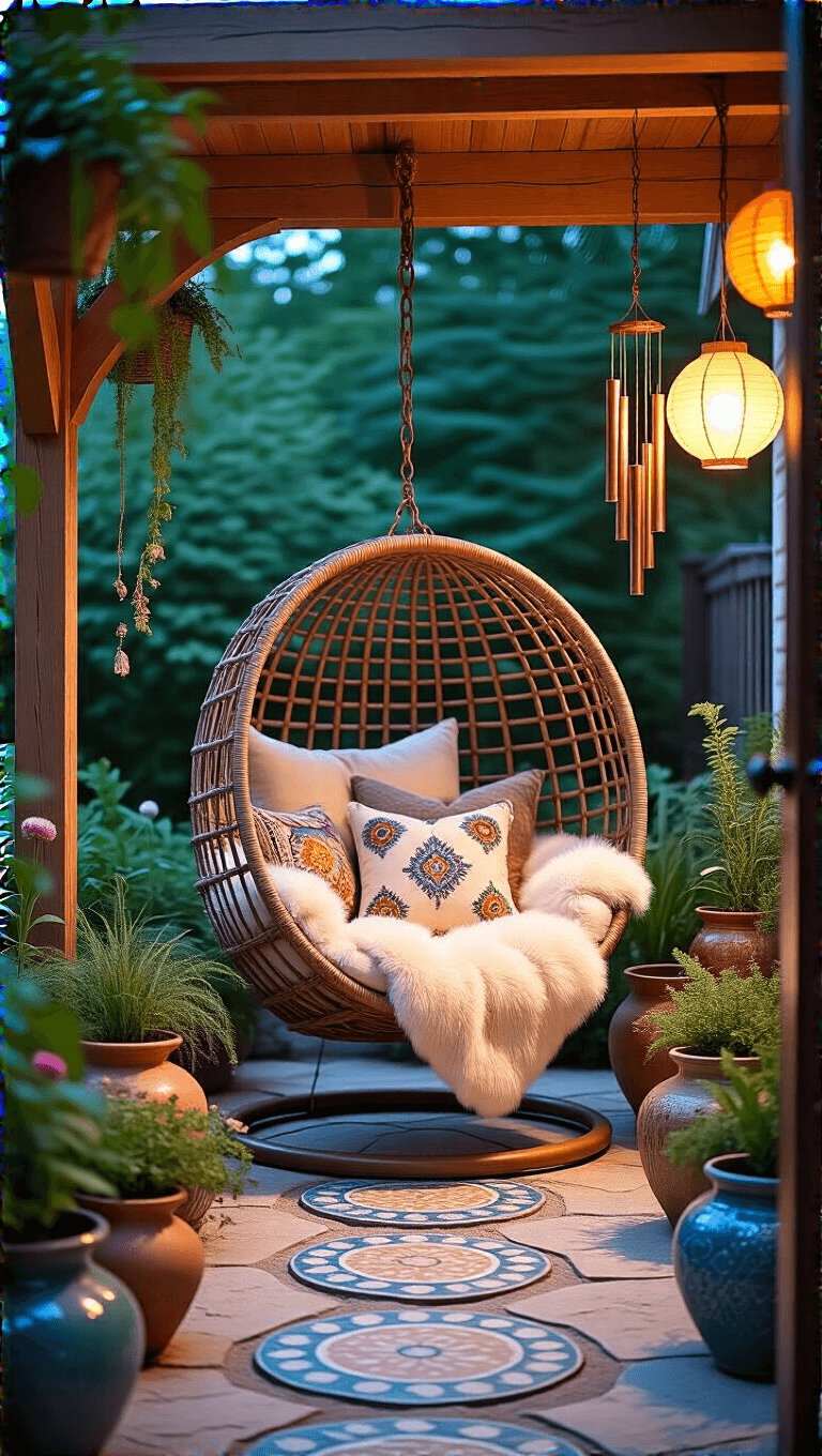 A cozy 12x12ft corner patio at dusk featuring a high-back wicker egg chair with cream sheepskin and bohemian pillows, mosaic stepping stones, copper wind chimes, glowing paper lanterns, and ceramic pots filled with whimsical plants.