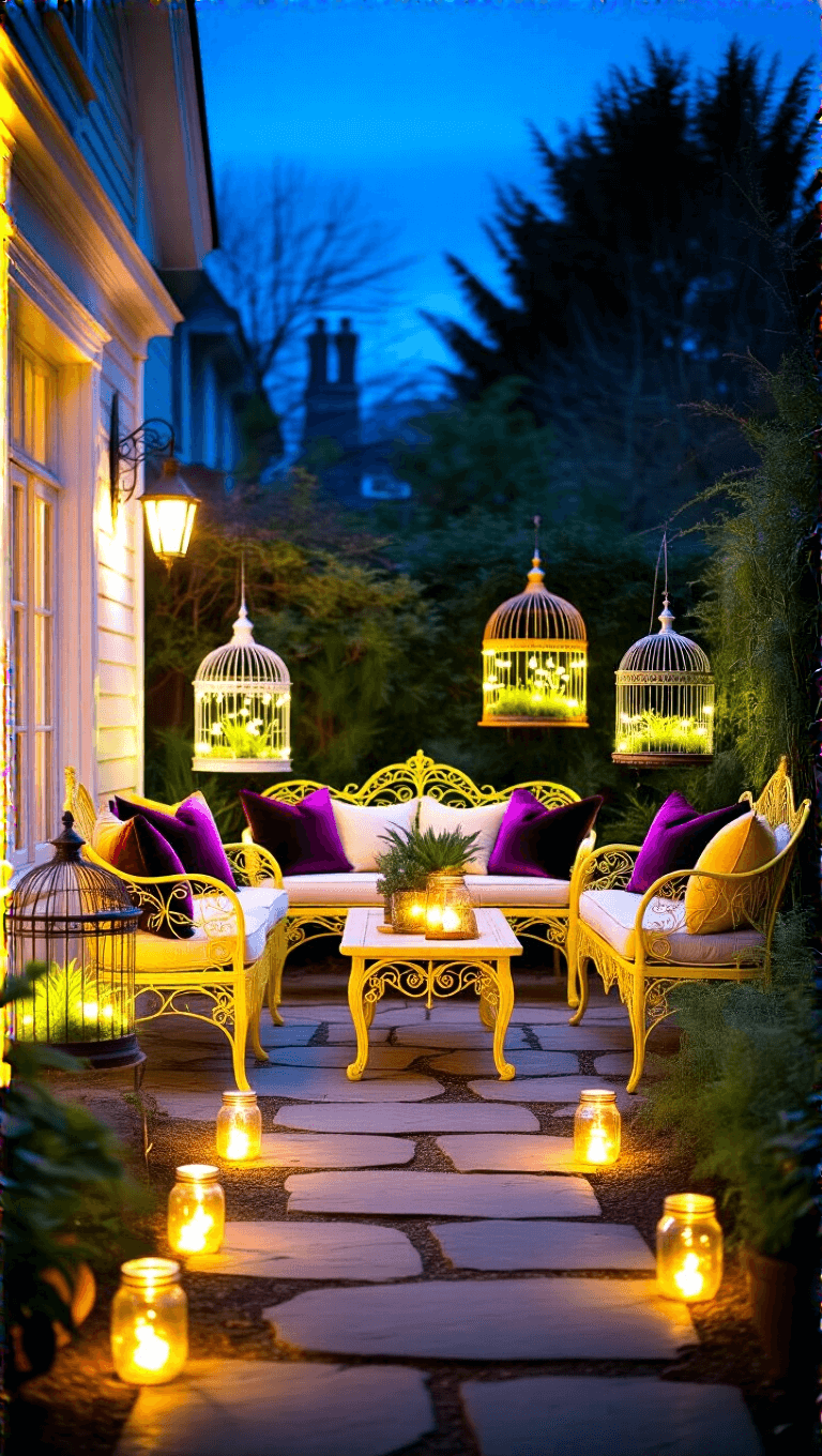 Twilight patio scene with sunshine yellow Victorian furniture, illuminated vintage birdcages, air plants, and a stone pathway lined with mason jar lights.