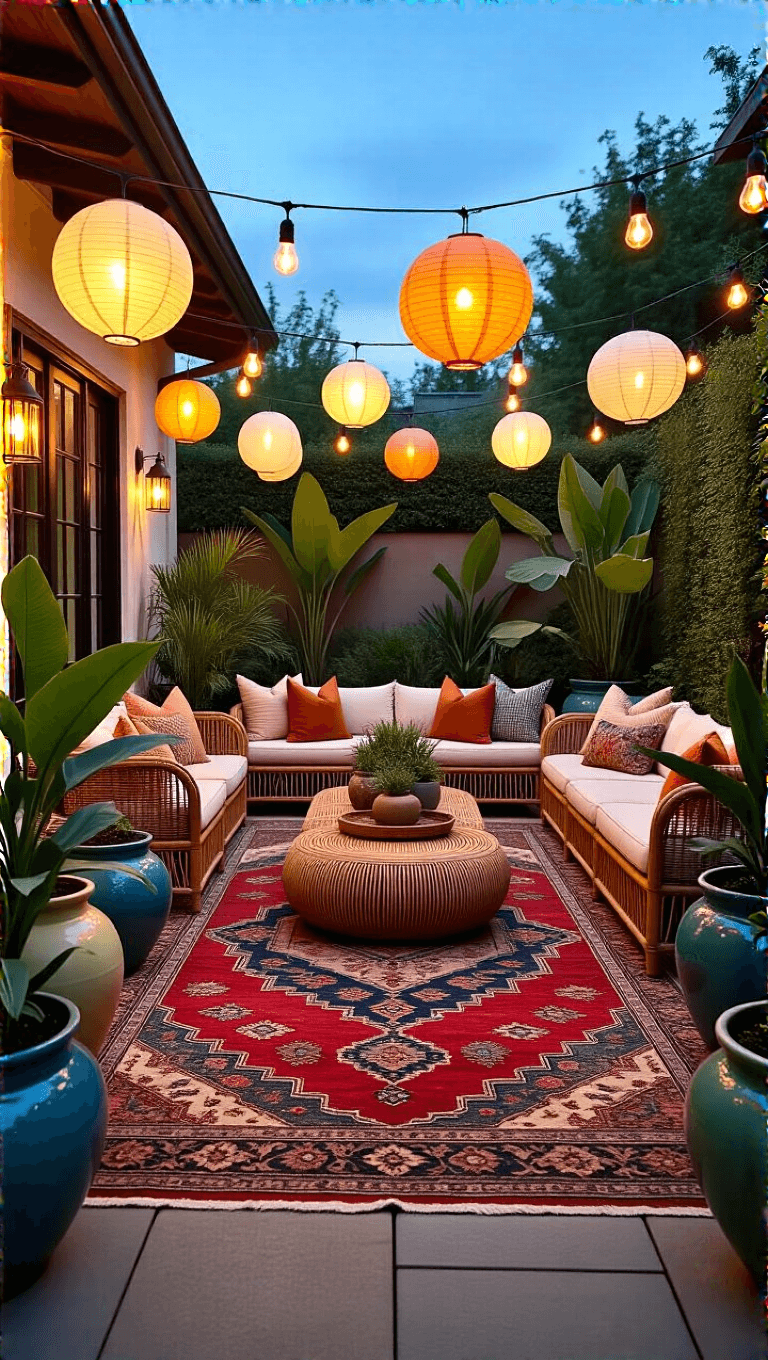 Elevated view of an 22x18ft patio at dusk adorned with a vintage Persian rug, rattan seating, ceramic planters with tropical plants, and an overhead canopy of paper lanterns and Edison bulbs.