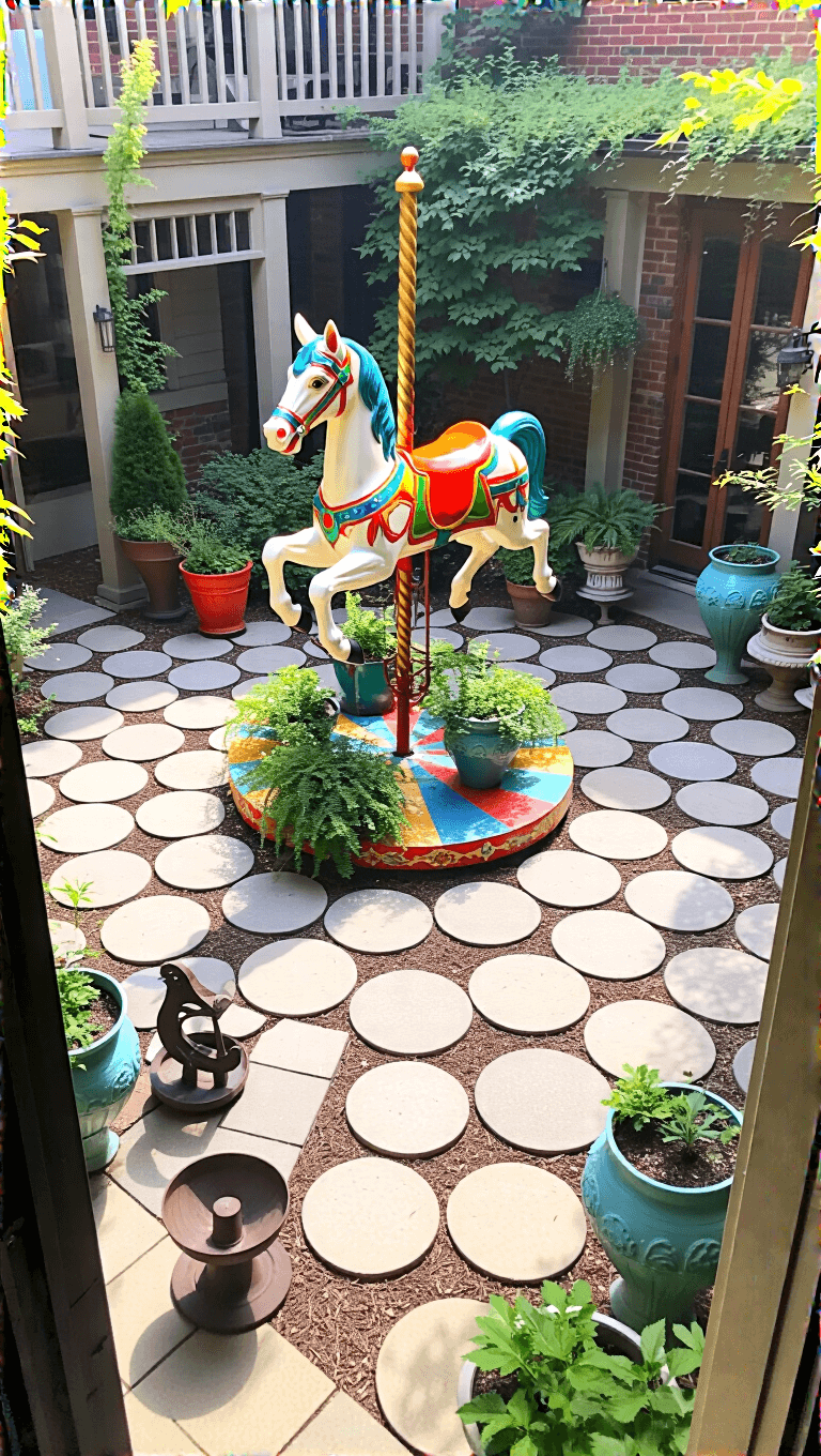 Aerial view of a 20x20ft courtyard patio featuring a restored carnival carousel horse as garden art surrounded by painted stepping stones in a circular pattern, with vintage circus-themed planters and weathered metal sculptures.