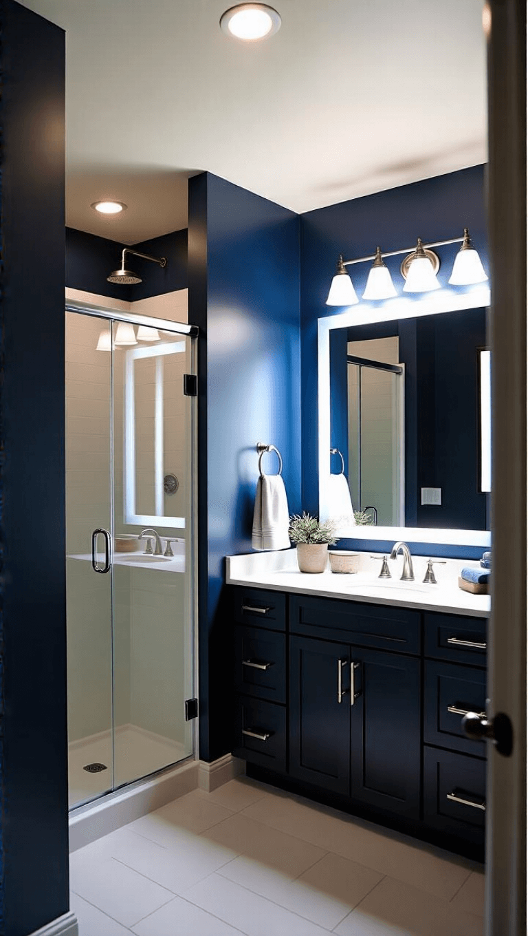 Twilight-lit bathroom with ambient lighting from overhead spots, LED mirror, and under-cabinet lights highlighting navy blue wall, glass shower screen, and brushed nickel accents.