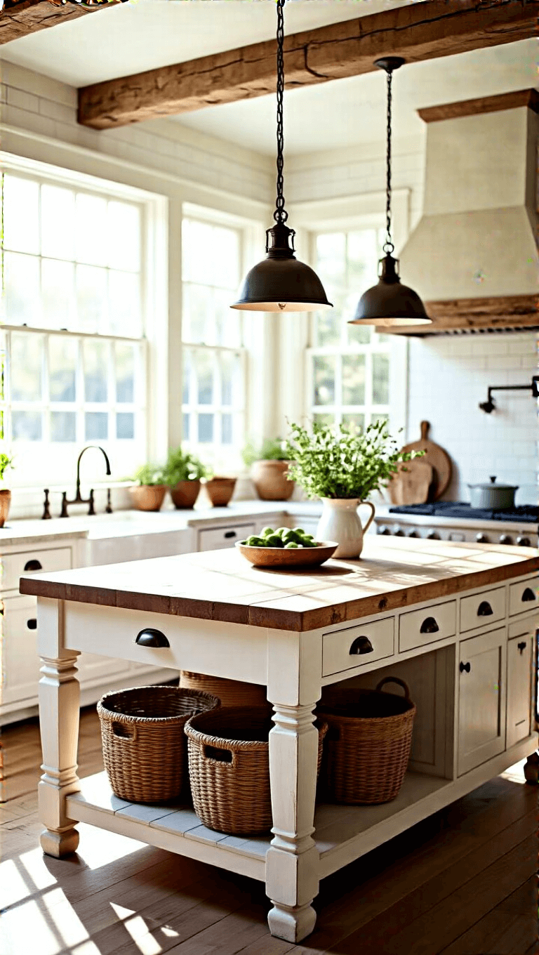 Rustic farmhouse kitchen with soaring ceilings, exposed beams, large windows, a reclaimed oak island with vintage hardware, surrounded by shiplap walls, hardwood floors, and pendant lighting.