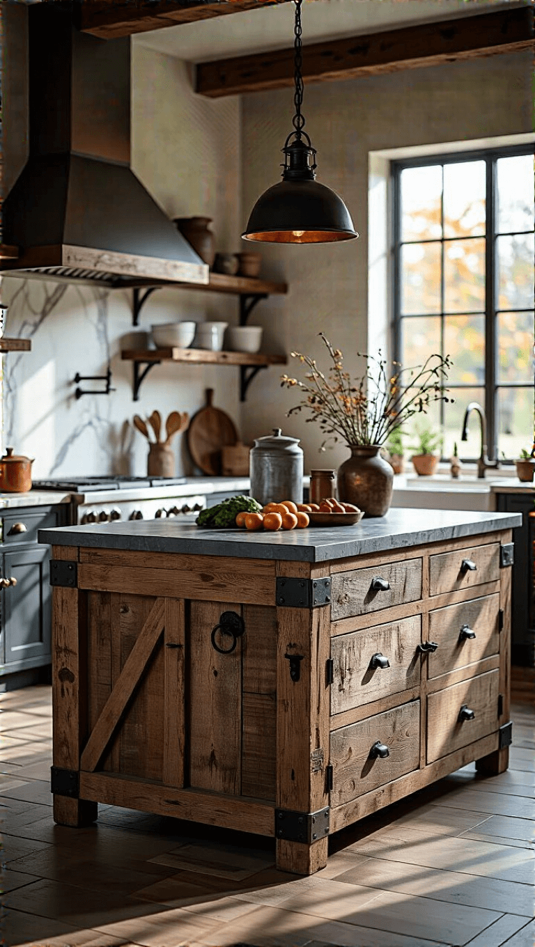 Spacious kitchen interior at golden hour featuring an 8ft industrial-farmhouse island made of distressed barnwood with a zinc top, styled with vintage accessories and produce, accompanied by contrasting smooth marble countertops.