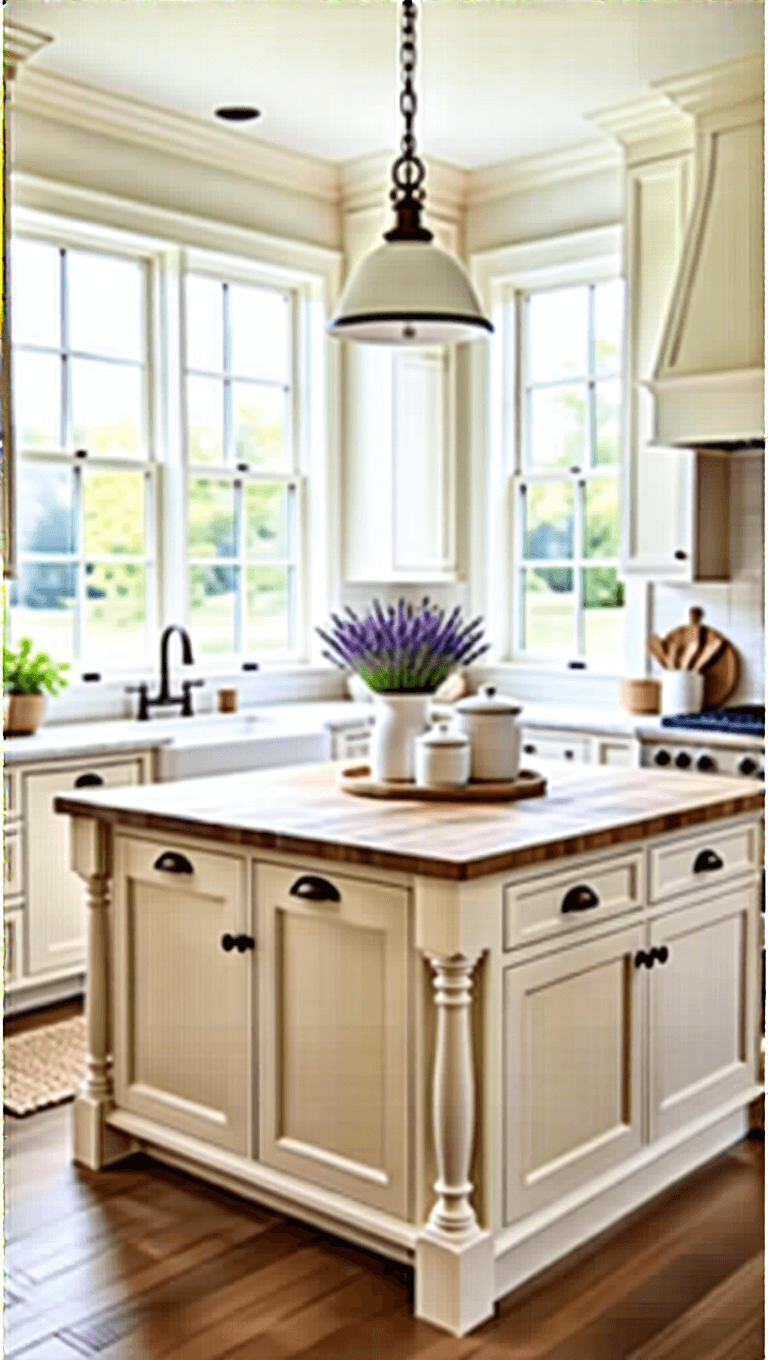 Bright farmhouse kitchen with L-shaped island, beadboard cabinets, and seasonal decor, flooded with early afternoon light through mullioned windows