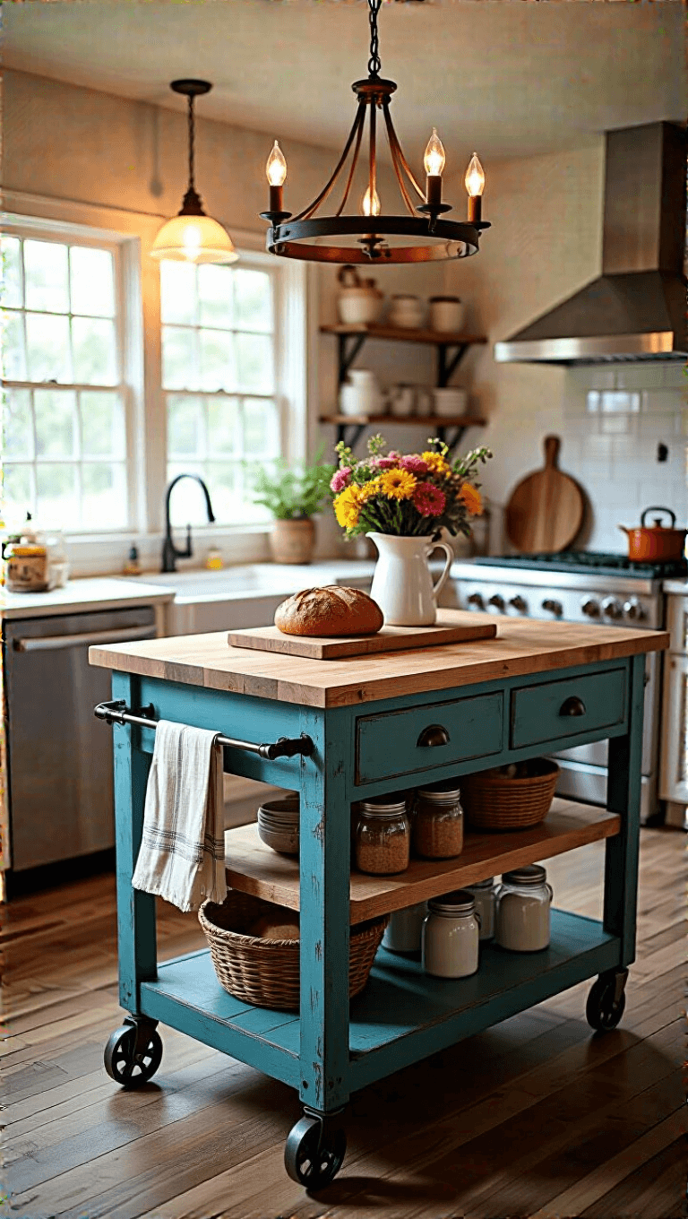 Rustic kitchen scene with warm lighting, featuring a distressed teal farmhouse island cart, vintage bread boards, mason jars, and fresh flowers in an enamelware pitcher
