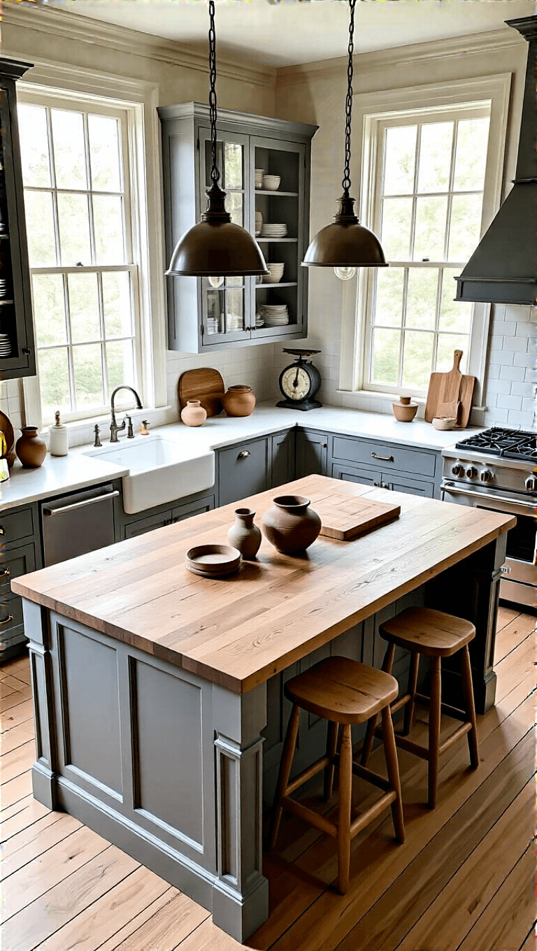 Overhead view of a large 10x5ft farmhouse island in a restored Victorian kitchen, styled with minimalist pottery, vintage scales, and artisanal cutting boards under the late morning sunlight.