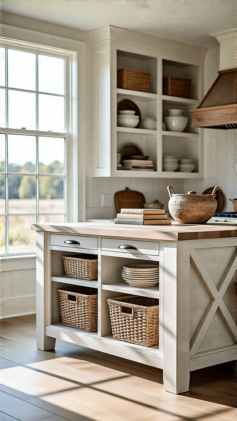 White oak farmhouse island with custom storage solutions inside X-frame panels, adorned with woven baskets, vintage cookbooks, and ironstone pieces, bathed in afternoon light casting dramatic shadows