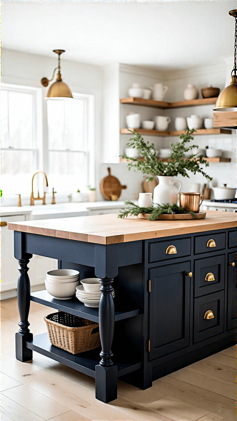 Winter morning kitchen scene with a 6ft farmhouse island with dark navy base and maple butcher block top, styled with white pottery, preserved greenery, and copper accents, in ethereal snow-filtered light.