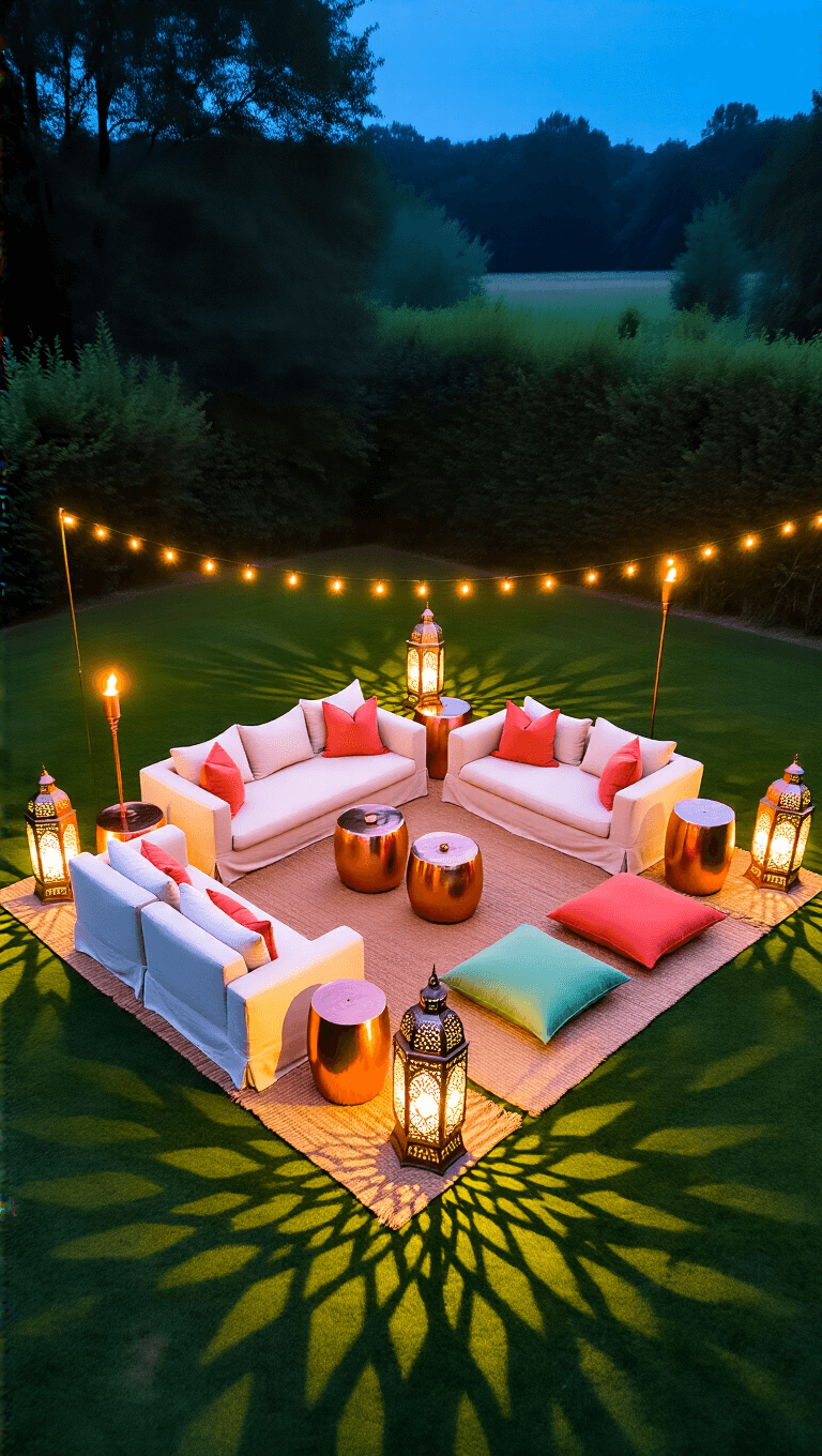 Aerial view of a twilight lounge set on a 25x25ft lawn, featuring cream sofas, copper side tables, jute rugs, Moroccan lanterns, oversized coral and sage floor cushions, with bronze garden torches providing ambiance.