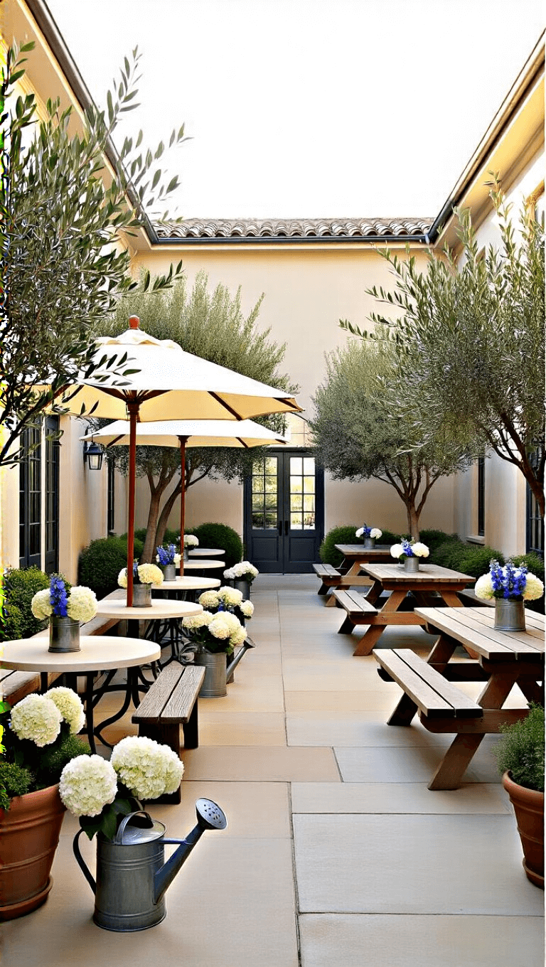 Late afternoon view of a 20x20ft courtyard with an array of bistro tables and picnic benches covered by cream market umbrellas, potted olive trees strategically placed, and vintage watering cans filled with white hydrangeas and blue delphiniums.