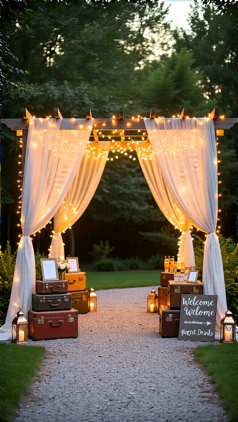 Sunset view of a 15x20ft garden entrance converted into a welcome area, featuring an arbor illuminated by twinkle lights and adorned with sheer ivory fabric, stacked vintage suitcases serving as side tables for guest books and welcome drinks, copper lanterns along an inviting gravel path, and hand-lettered metal signs providing direction, all bathed in a golden backlight for an ethereal atmosphere.