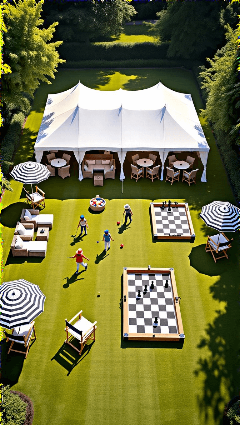 Drone view of a 30x30ft open lawn at midday with garden games including croquet set, oversized chess board, bocce court; white carnival tent over rattan furniture, market umbrellas and director