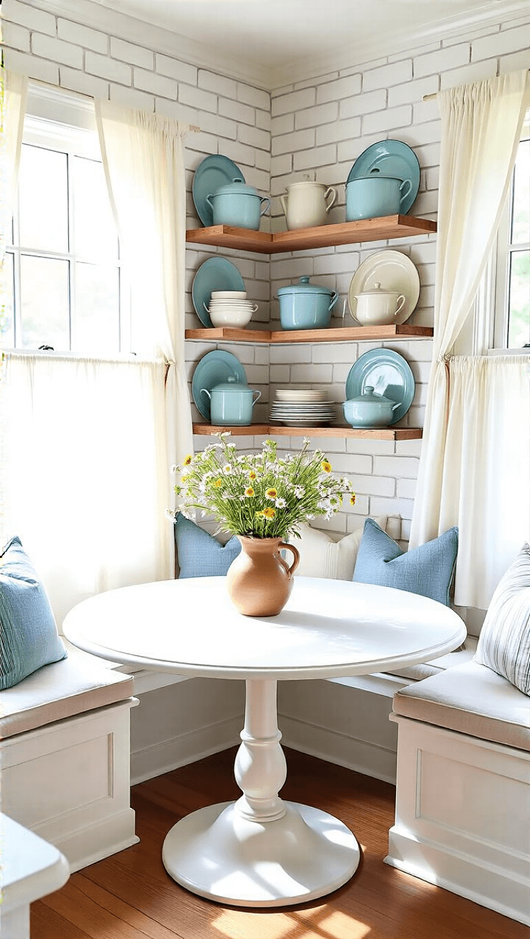 Bright breakfast nook with white brick walls, vintage enamelware collection, round table with fresh wildflowers, filtered sunlight and cafe curtains, viewed from above with natural lighting.