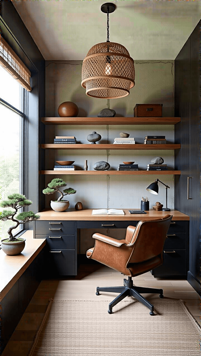 Bright, sunlit home office with built-in desk, blackened oak shelves, handcrafted leather chair, woven pendant light, and potted bonsai. Room features concrete accent wall and sliding panel system for privacy and is decorated in a palette of charcoal, warm wood tones, and soft whites.