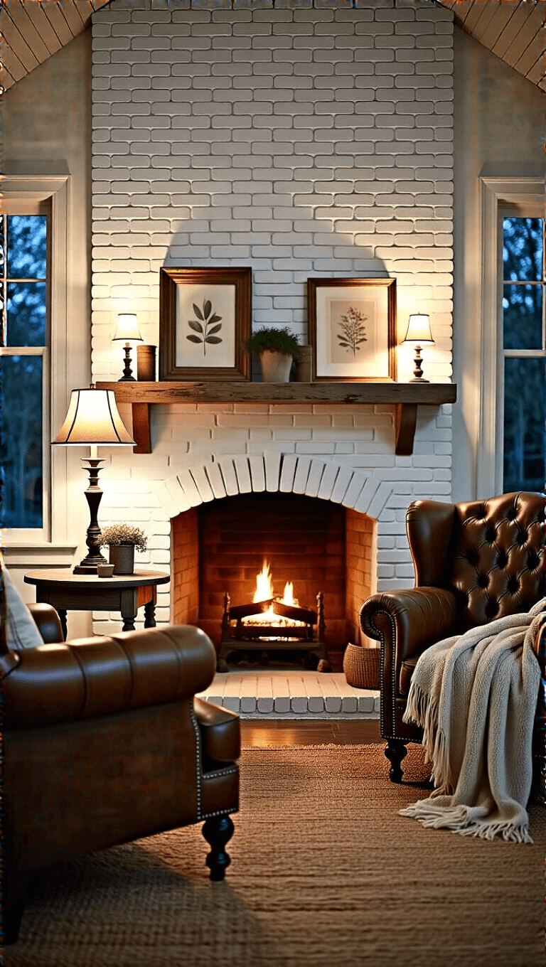Farmhouse sitting area at dusk featuring a whitewashed brick fireplace, leather armchair, distressed wooden side table, vintage frames, botanical prints, textured throws, and antique brass accents illuminated by soft lamp glow.