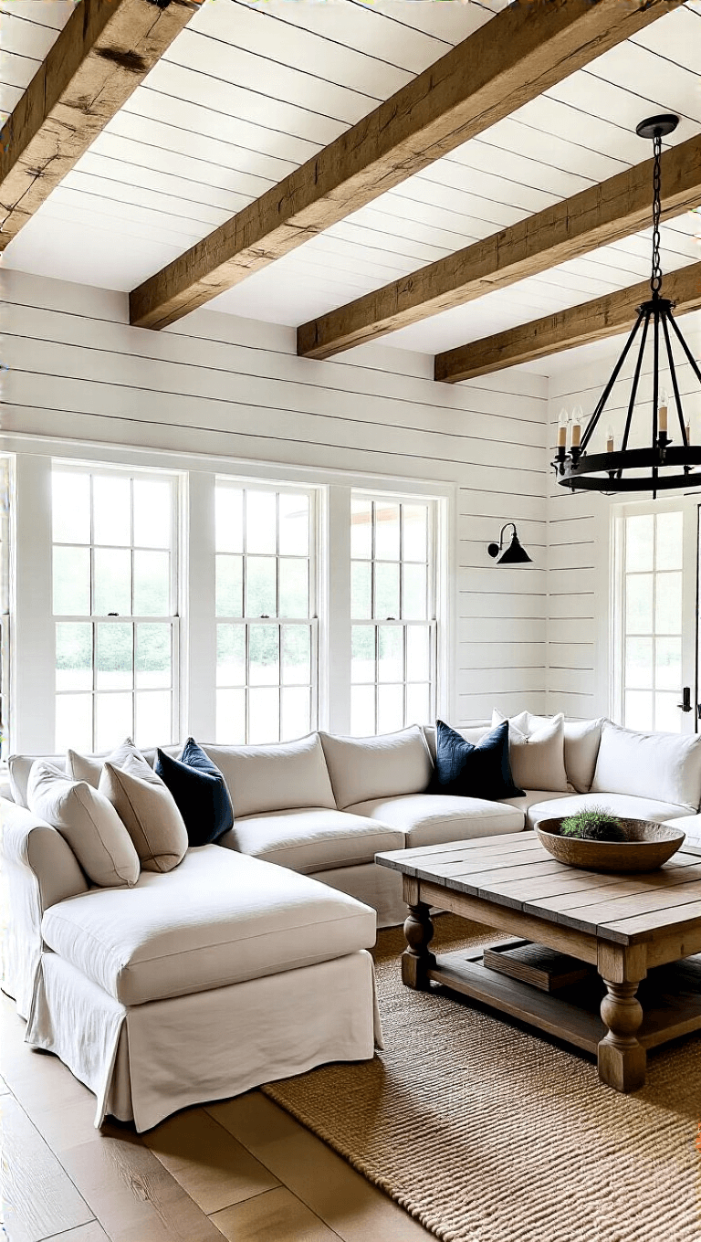 Sun-lit farmhouse room with restored wooden beams, white walls, linen sectional, antique pine table, vintage textiles, and wrought iron chandelier.